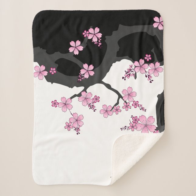 Japanese Kimono Black and White Pink Sakura Sherpa Blanket (Front)