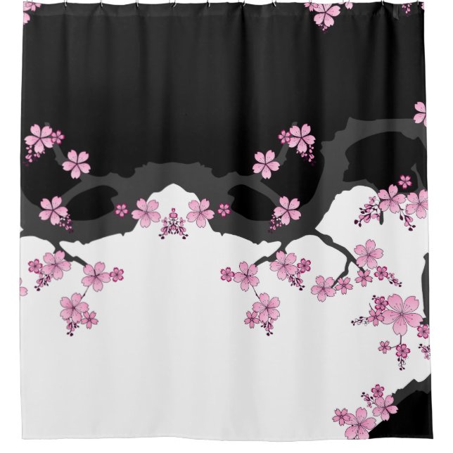 Japanese Kimono Black and White Pink Sakura Shower Curtain (Front)
