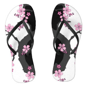 Japanese Kimono Black and White Pink Sakura Thongs