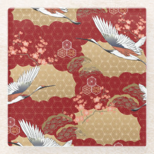Japanese Kimono Cherry Blossoms Glass Coaster