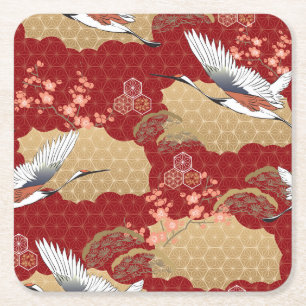 Japanese Kimono Cherry Blossoms Square Paper Coaster