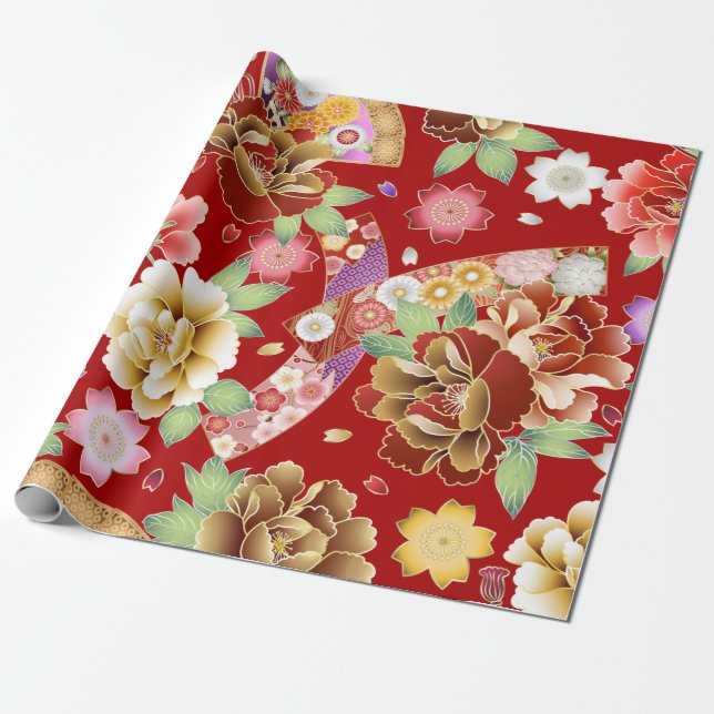Japanese Kimono Design Cute Colourful Flowers Wrapping Paper (Unrolled)