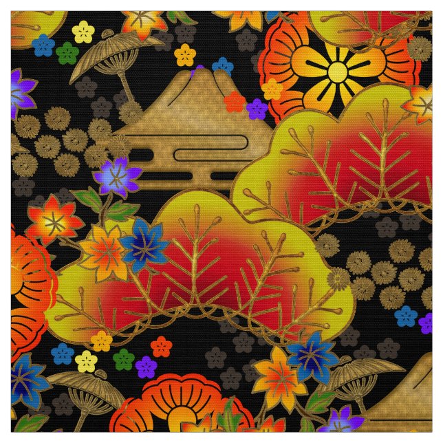 japanese kimono fabric style pattern on black (Swatch)
