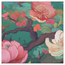 Japanese Kimono style teal peony fabric pattern