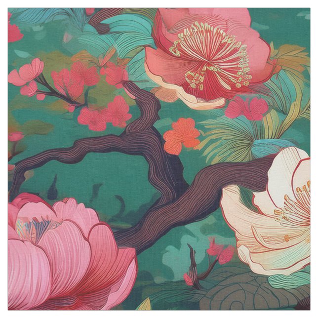 Japanese Kimono style teal peony fabric pattern (Swatch)
