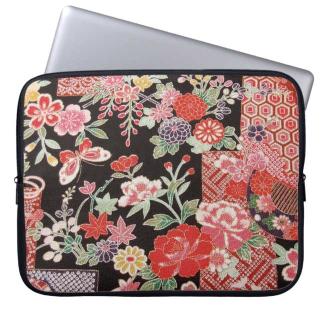 Japanese KIMONO Textile, Floral Pattern Laptop Sleeve (Front)
