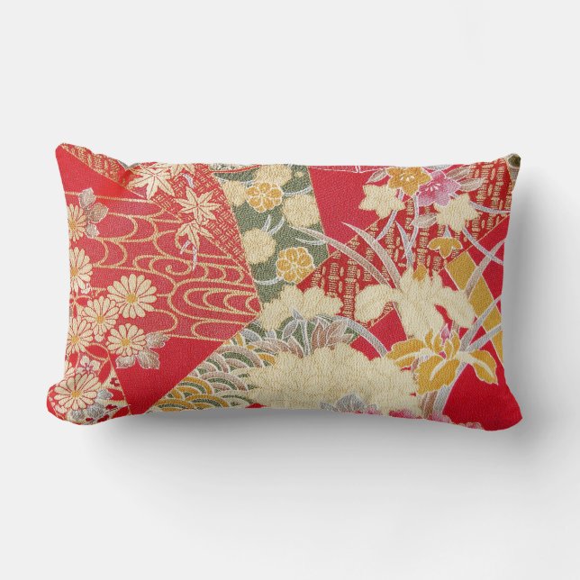 Japanese KIMONO Textile, Floral Pattern Lumbar Cushion (Front)