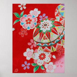 Japanese KIMONO Textile, Floral Pattern Poster
