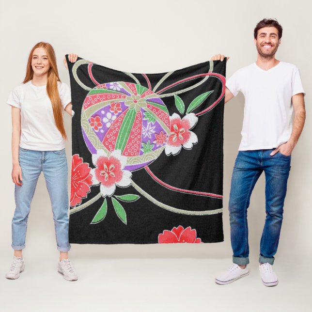 Japanese KIMONO Textile, Floret Pattern Fleece Blanket (In Situ)