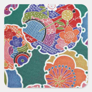 Japanese KIMONO Textile, Floret Pattern Square Sticker