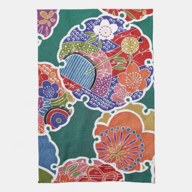 Japanese KIMONO Textile, Floret Pattern Tea Towel (Vertical)