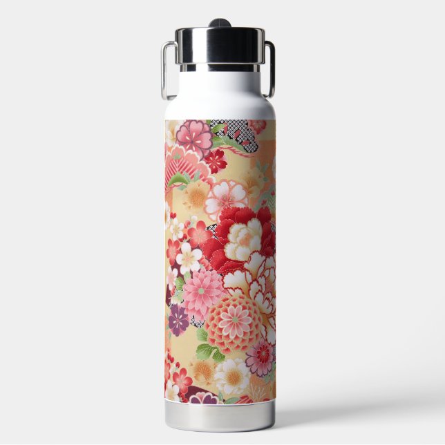 Japanese KIMONO Textile, Floret Pattern Water Bottle (Front)