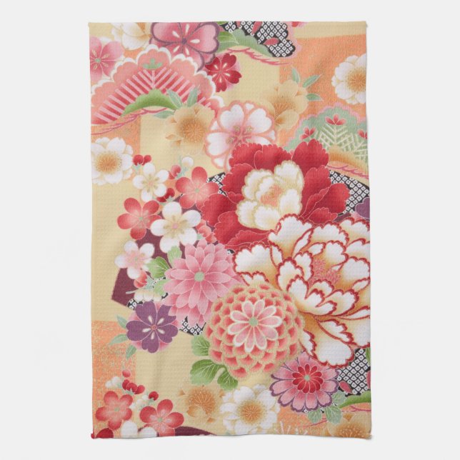 Japanese KIMONO Textile, Flower Tea Towel (Vertical)