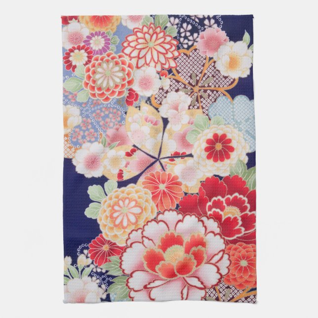 Japanese KIMONO Textile, Flower Tea Towel (Vertical)