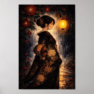 Japanese Kimono Woman Lantern Night Rain Art Poster
