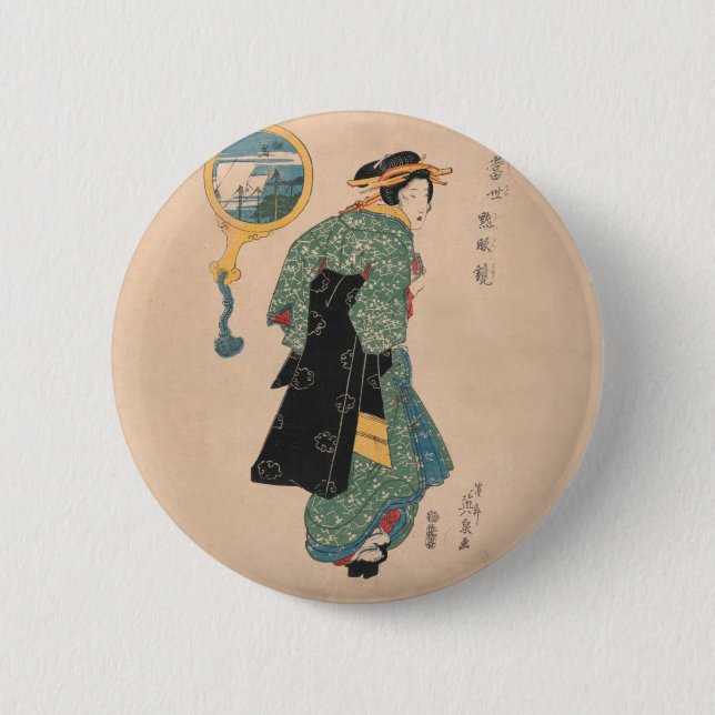 Japanese Kimono Woman: Ukiyo-e Woodblock Print  6 Cm Round Badge (Front)