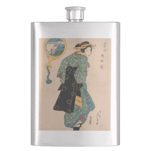 Japanese Kimono Woman: Ukiyo-e Woodblock Print  Hip Flask (Front)