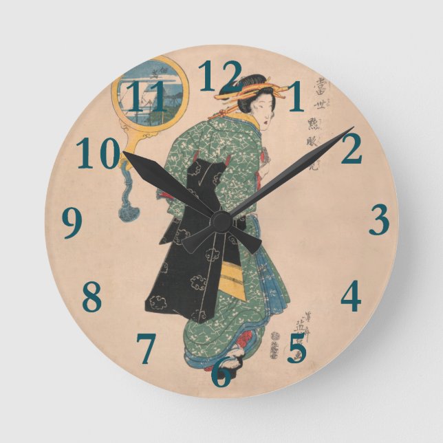Japanese Kimono Woman: Ukiyo-e Woodblock Print  Round Clock (Front)
