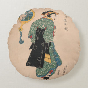 Japanese Kimono Woman: Ukiyo-e Woodblock Print  Round Cushion