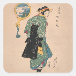 Japanese Kimono Woman: Ukiyo-e Woodblock Print  Square Sticker