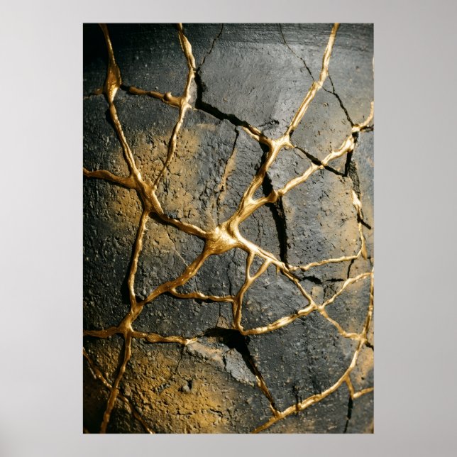 Japanese Kintsugi Gold Cracked Stone Abstract Art  Poster (Front)