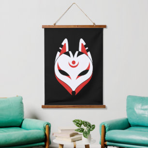 Japanese Kitsune Fox Mask on Black Hanging Tapestry