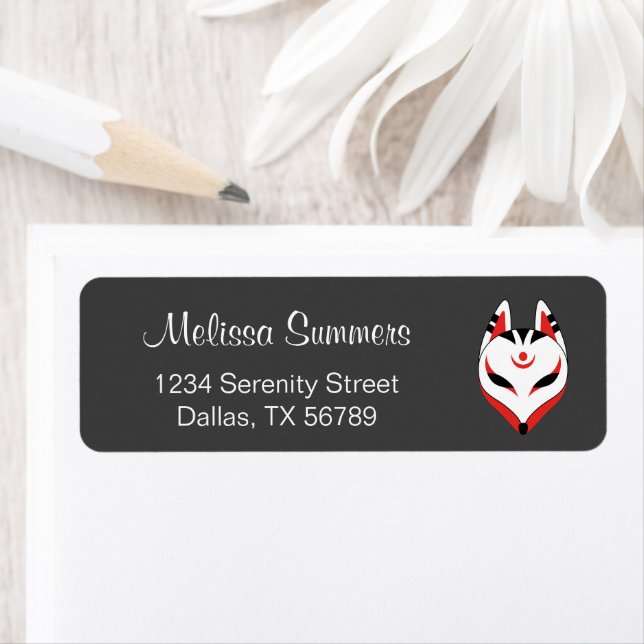 Japanese Kitsune Fox Mask on Black Return Address Label (Insitu)