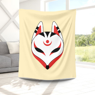 Japanese Kitsune Fox Mask on Yellow Fleece Blanket