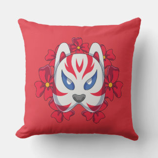 Japanese Kitsune Fox Mask Throw Pillow