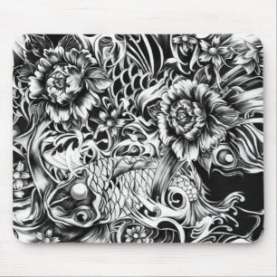 Japanese koi and lotus flowers tattoo style art mouse pad