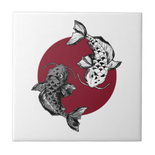 Japanese Koi Carp Circle Red Ceramic Tile