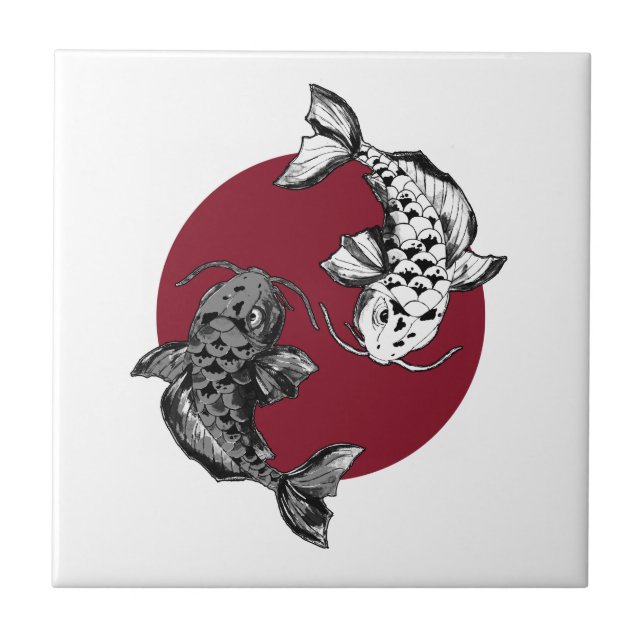 Japanese Koi Carp Circle Red Ceramic Tile (Front)