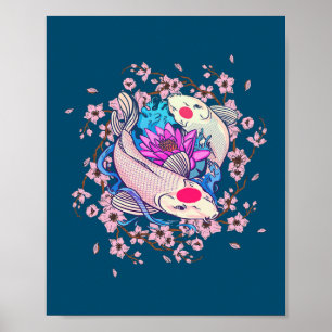 Japanese Koi Carp Lotus Sakura Tree Yin Yang Poster