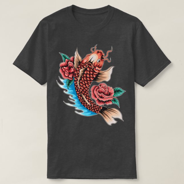 Japanese Koi Carp With Flowers Tattoo T-Shirt (Design Front)