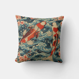Japanese Koi Fish & Cherry Blossom— Ukiyo-e Wave  Cushion