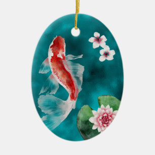 Japanese Koi Fish, Cherry Blossoms Japan Christmas Ceramic Ornament