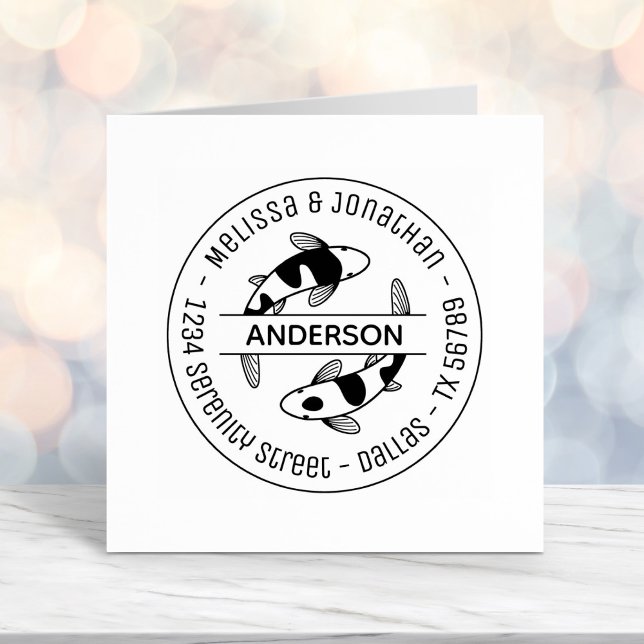 Japanese Koi Fish Couple Family Round Address 3 Self-inking Stamp (Creator Uploaded)