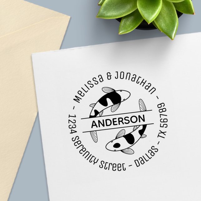 Japanese Koi Fish Couple Family Round Address Self-inking Stamp (Creator Uploaded)