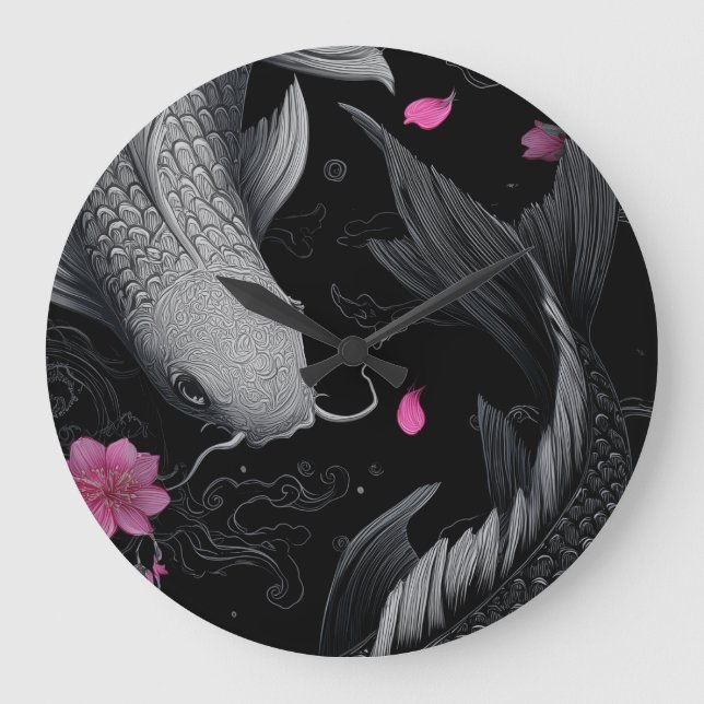 Japanese Koi Fish Dark Mode Large Clock (Front)