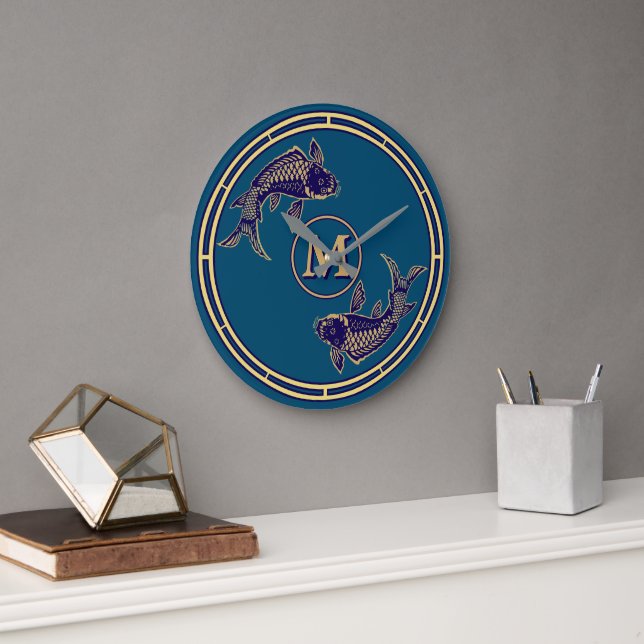 Japanese Koi Fish Monogram Large Clock (Office)