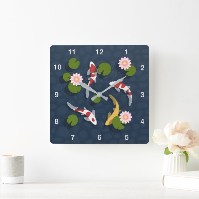 Japanese Koi Fish Pond Square Wall Clock (Home)
