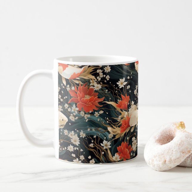 Japanese Koi Fish Seamless Pattern Coffee Mug (With Donut)