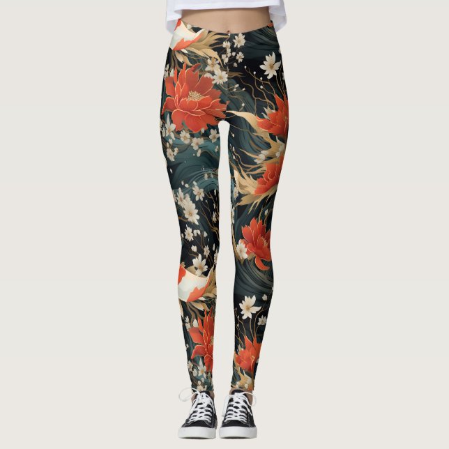 Japanese Koi Fish Seamless Pattern Leggings (Front)