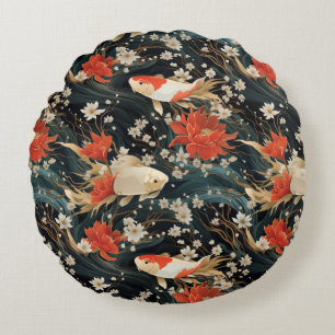 Japanese Koi Fish Seamless Pattern Round Cushion