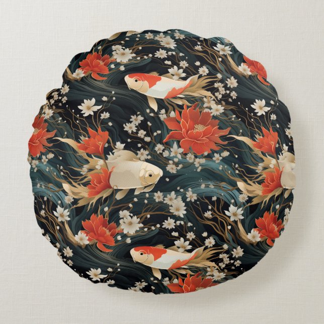 Japanese Koi Fish Seamless Pattern Round Cushion (Front)