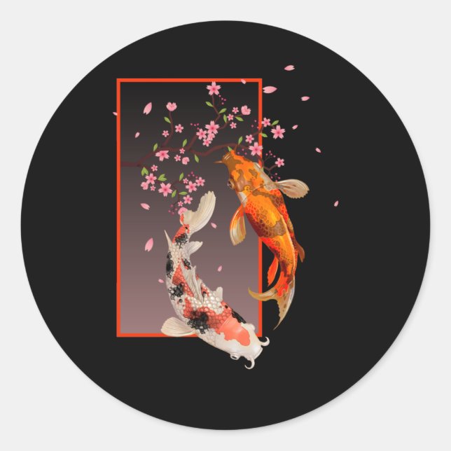 Japanese Koi Fishes and Flowers Classic Round Sticker (Front)