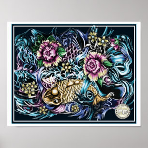 Japanese Koi print on black background