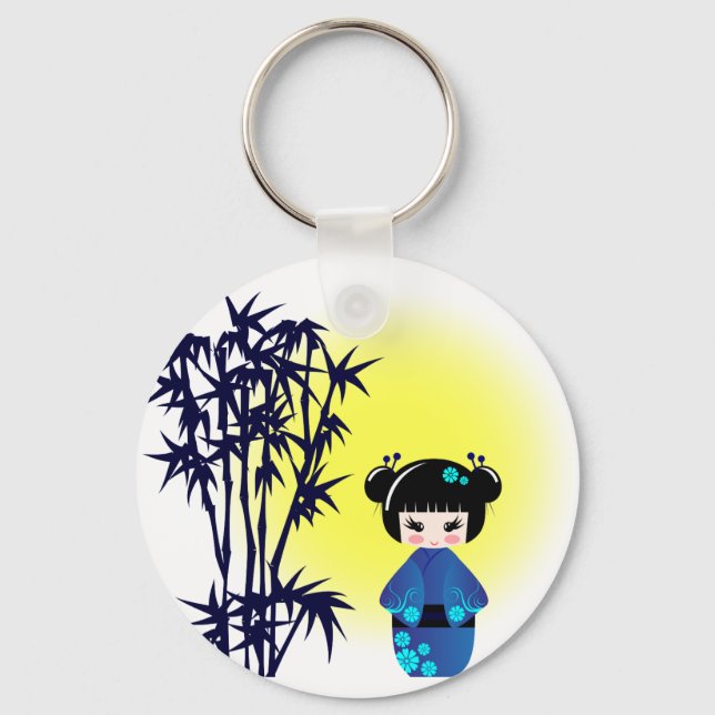 Japanese kokeshi doll at bamboo during sunrise key ring (Front)