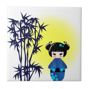 Japanese kokeshi doll at bamboo during sunrise tile