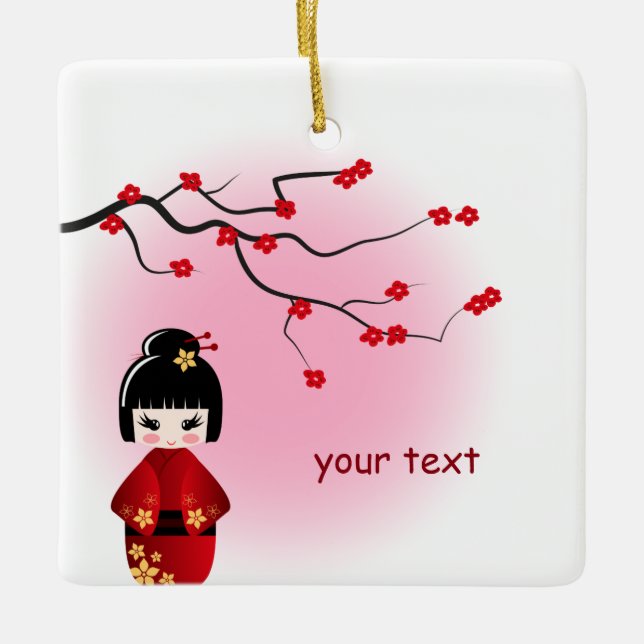 Japanese kokeshi doll at sakura blossoms girls ceramic ornament (Front)